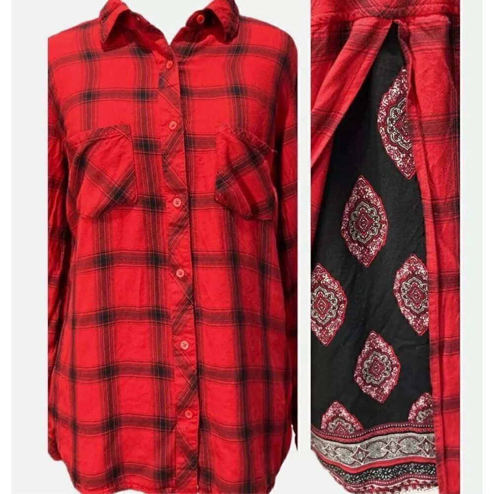 New York & Company Soho Womens Button Up Shirt Red Plaid Inset Back Pocket M